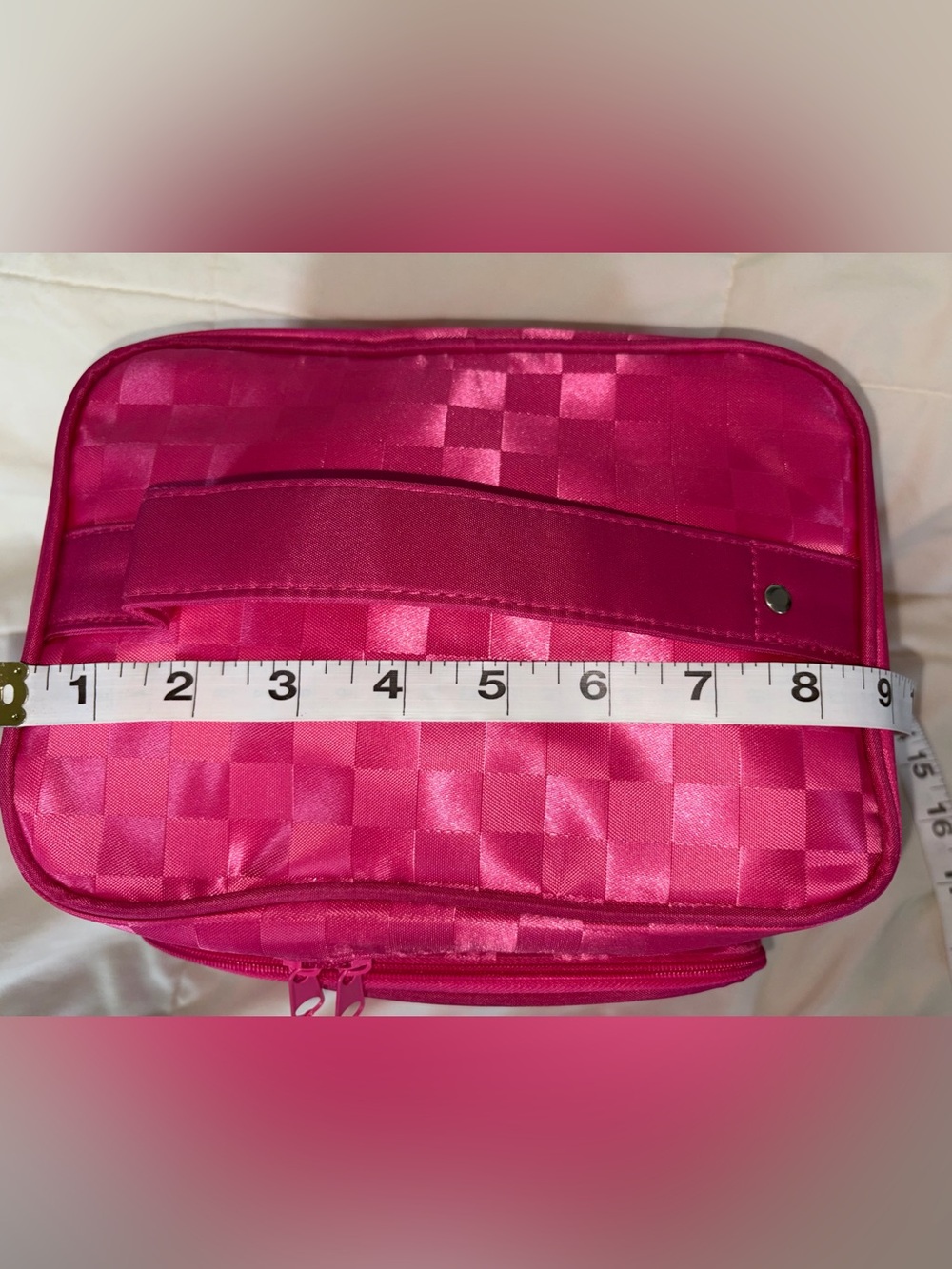 Bright Pink Checker Satin Cosmetic Travel Bag - Picture 3 of 7